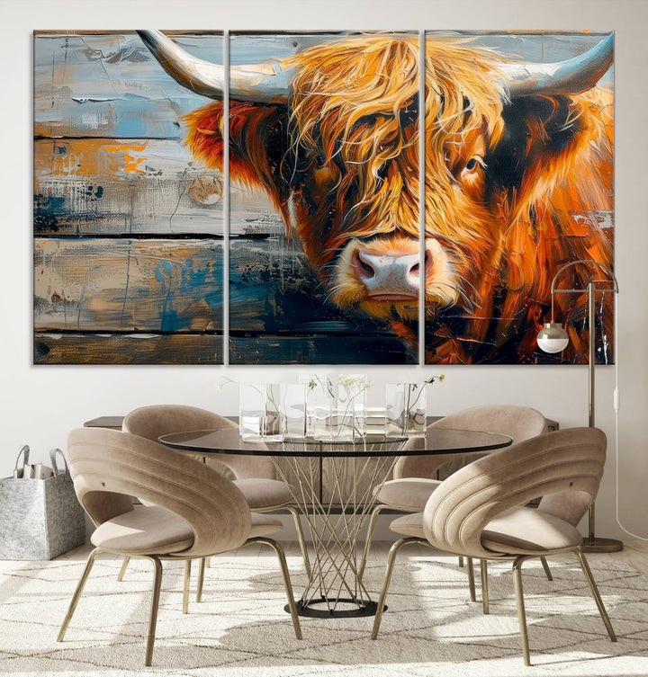 Cool Longhorn Cow on Old Wood Background Canvas Wall Art Print Framed and Shipped