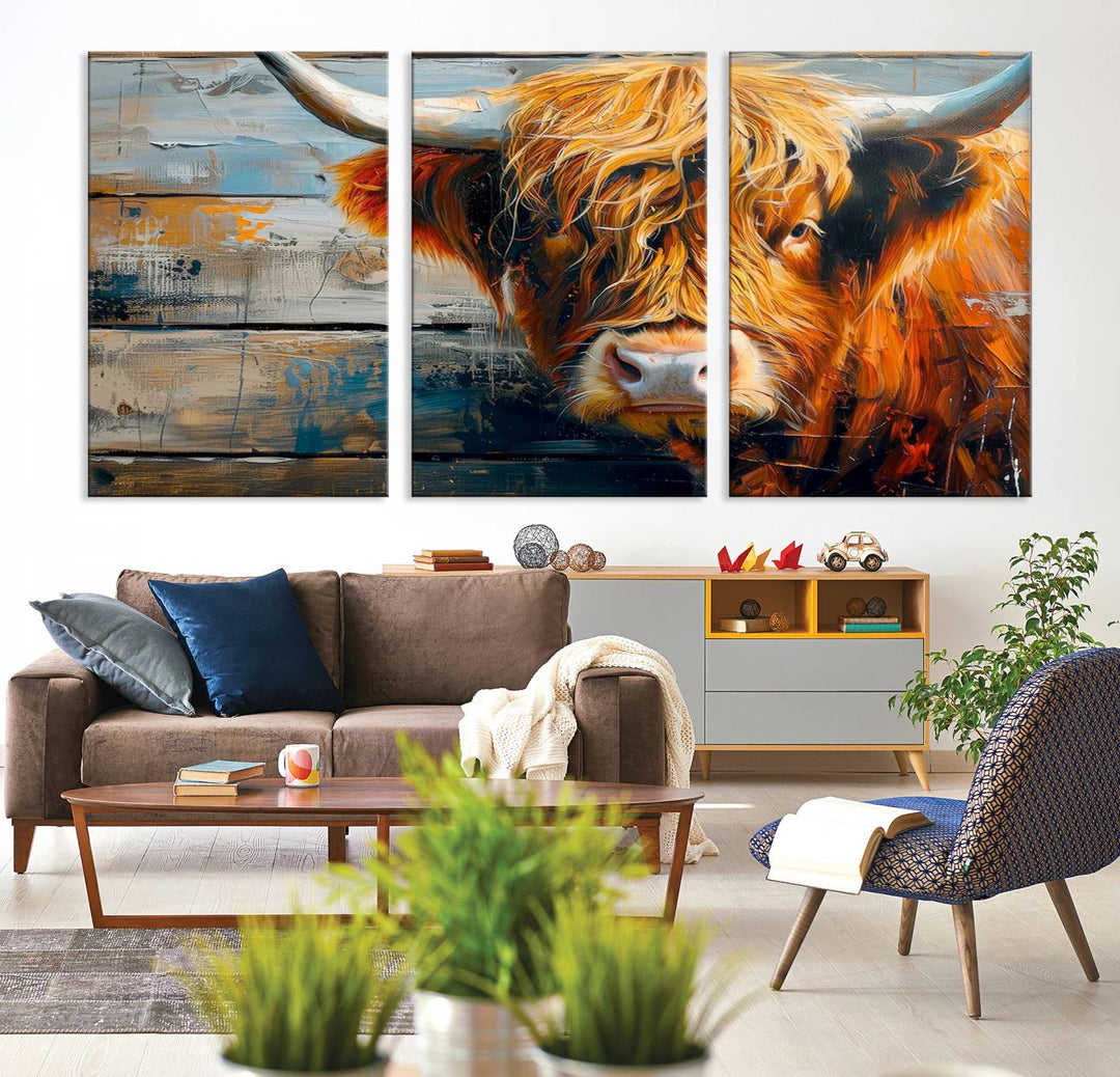 Cool Longhorn Cow on Old Wood Background Canvas Wall Art Print Framed and Shipped