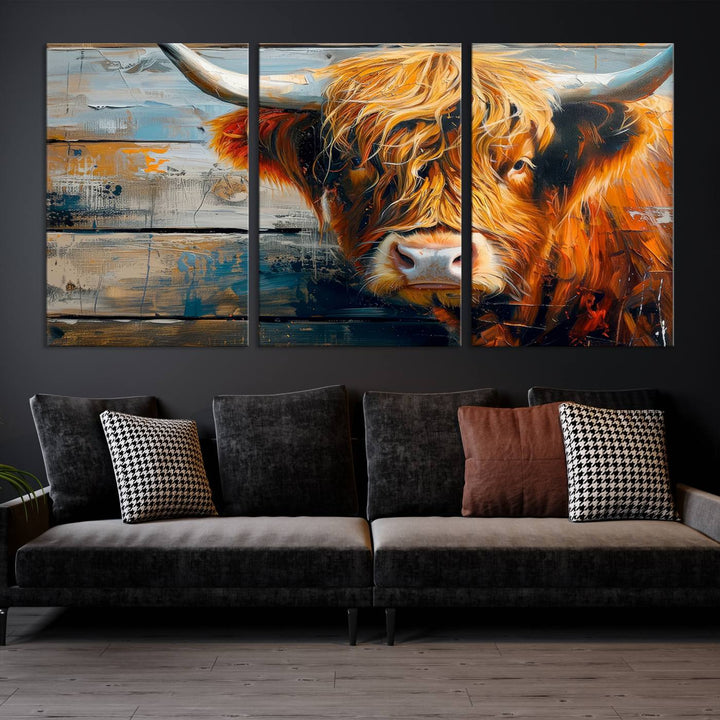 Cool Longhorn Cow on Old Wood Background Canvas Wall Art Print Framed and Shipped