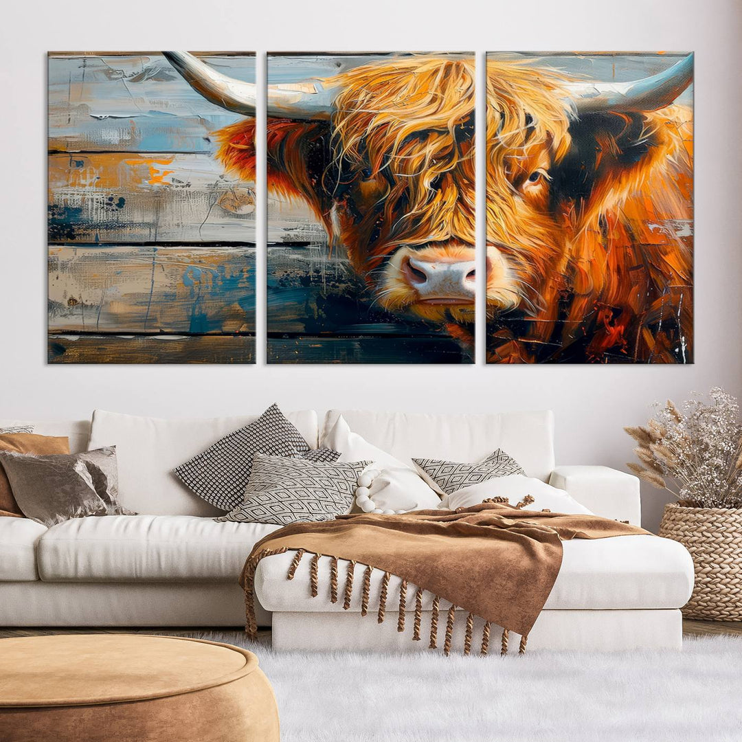 Cool Longhorn Cow on Old Wood Background Canvas Wall Art Print Framed and Shipped