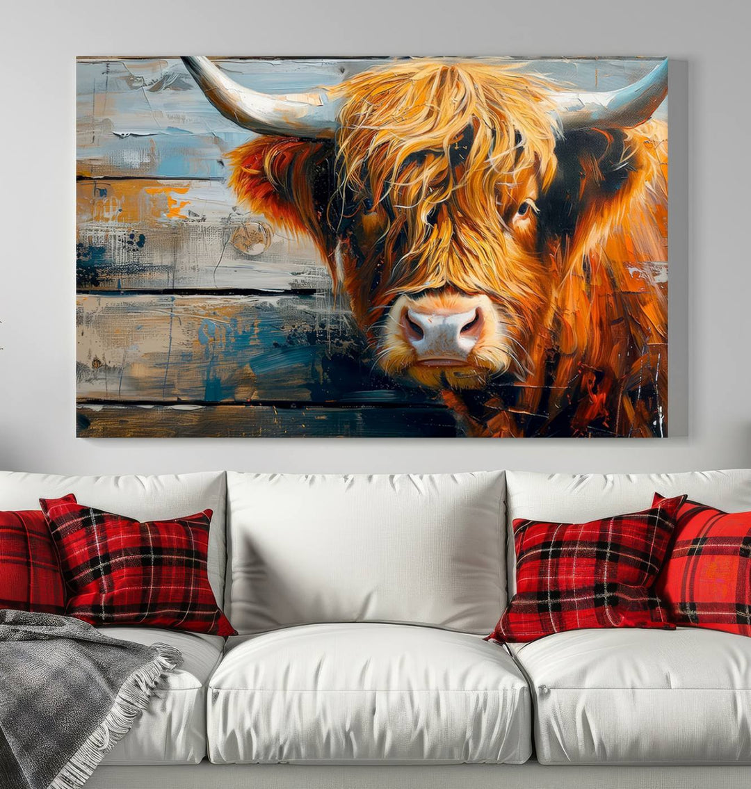 Cool Longhorn Cow on Old Wood Background Canvas Wall Art Print Framed and Shipped