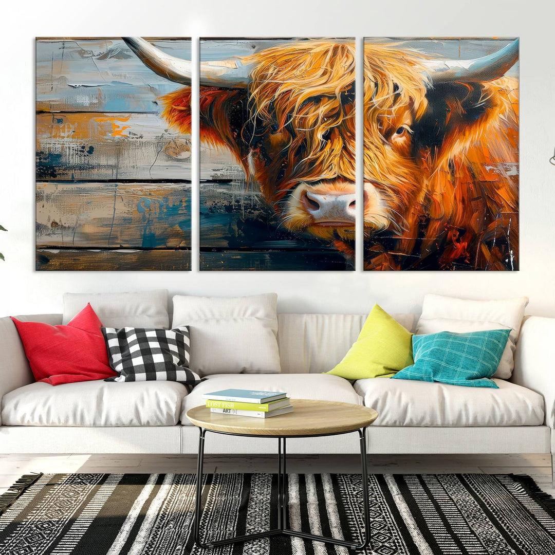 Cool Longhorn Cow on Old Wood Background Canvas Wall Art Print Framed and Shipped