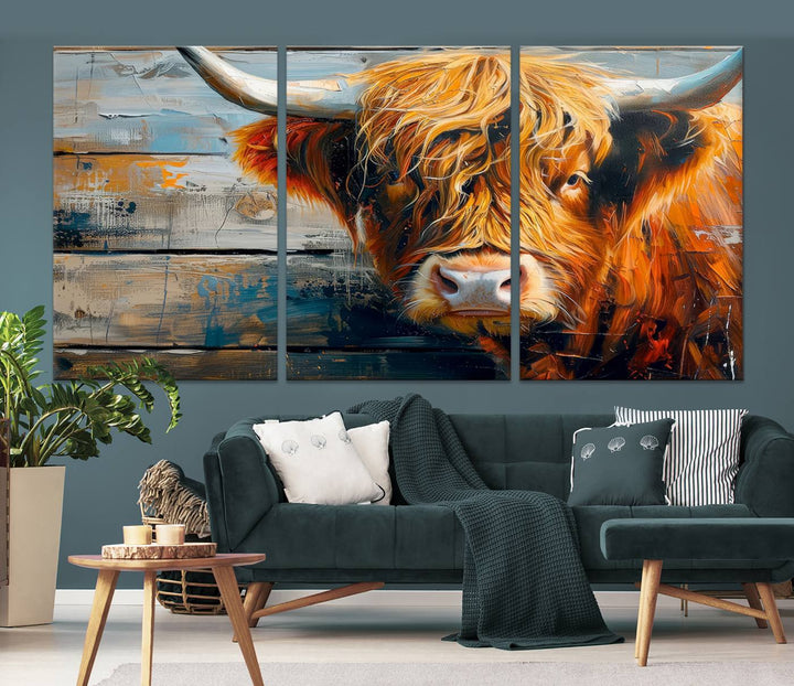 Cool Longhorn Cow on Old Wood Background Canvas Wall Art Print Framed and Shipped