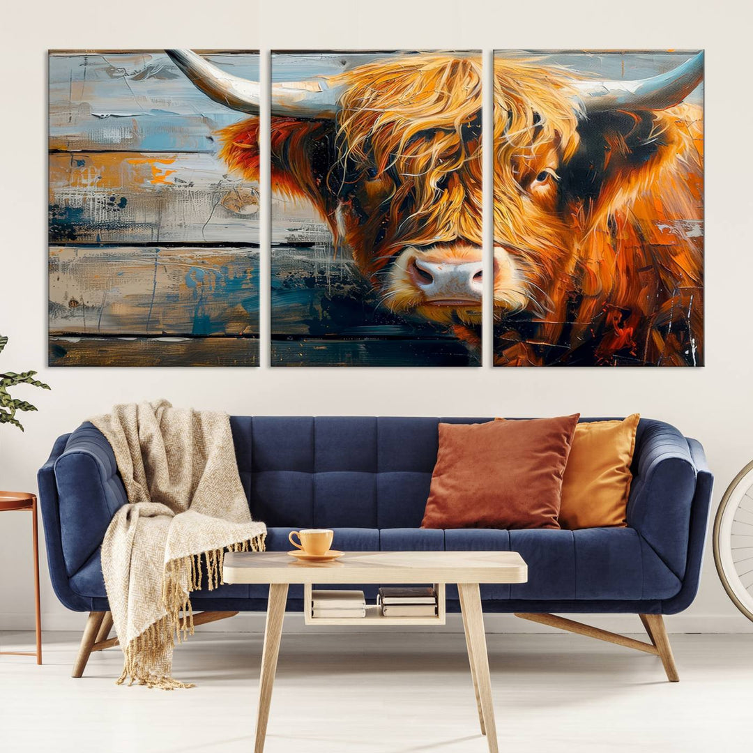 Cool Longhorn Cow on Old Wood Background Canvas Wall Art Print Framed and Shipped