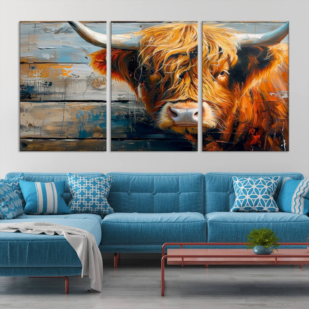 Cool Longhorn Cow on Old Wood Background Canvas Wall Art Print Framed and Shipped