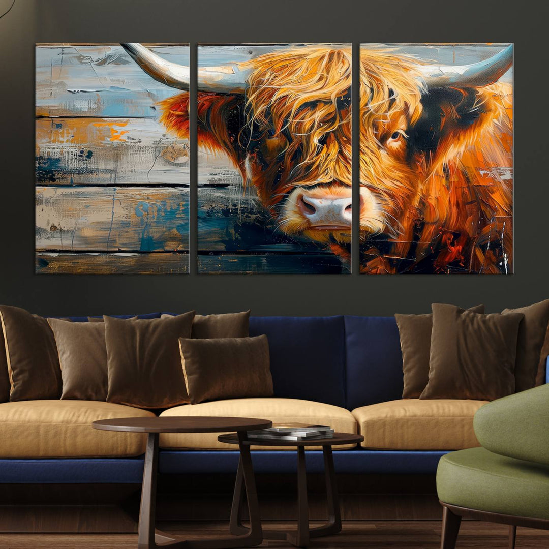 Cool Longhorn Cow on Old Wood Background Canvas Wall Art Print Framed and Shipped