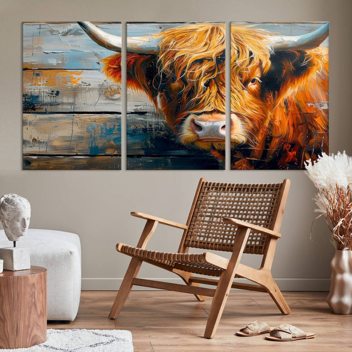 Cool Longhorn Cow on Old Wood Background Canvas Wall Art Print Framed and Shipped