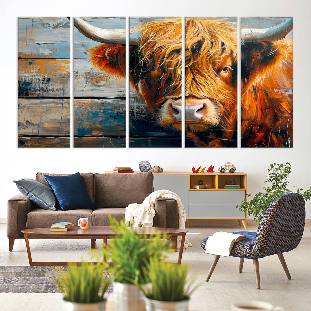 Cool Longhorn Cow on Old Wood Background Canvas Wall Art Print Framed and Shipped