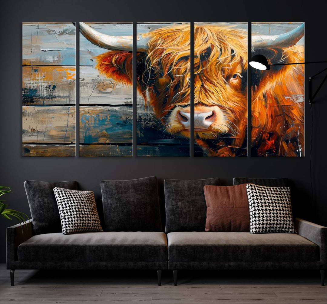 Cool Longhorn Cow on Old Wood Background Canvas Wall Art Print Framed and Shipped