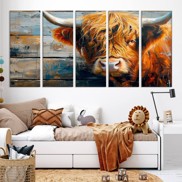 Cool Longhorn Cow on Old Wood Background Canvas Wall Art Print Framed and Shipped