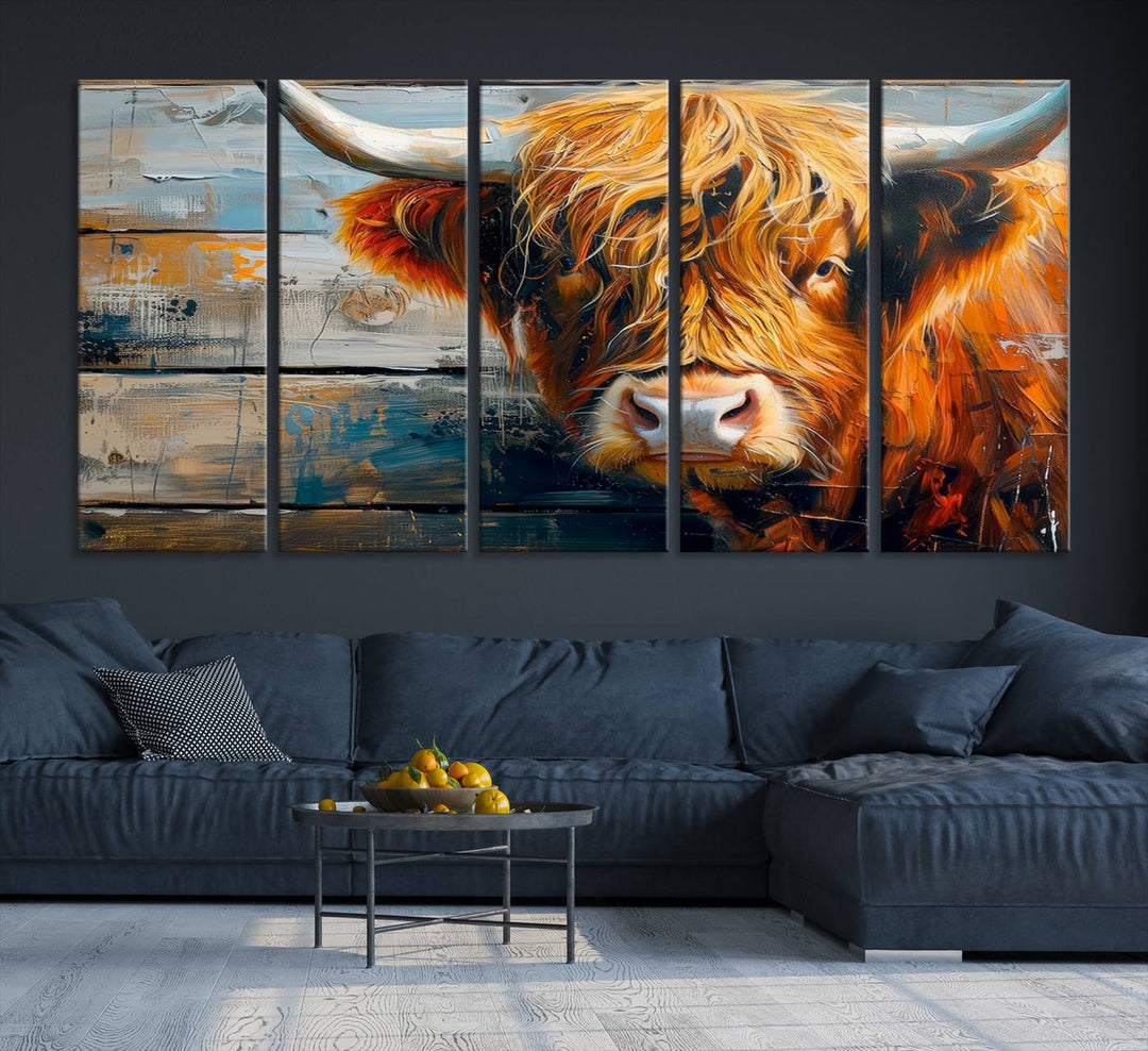 Cool Longhorn Cow on Old Wood Background Canvas Wall Art Print Framed and Shipped