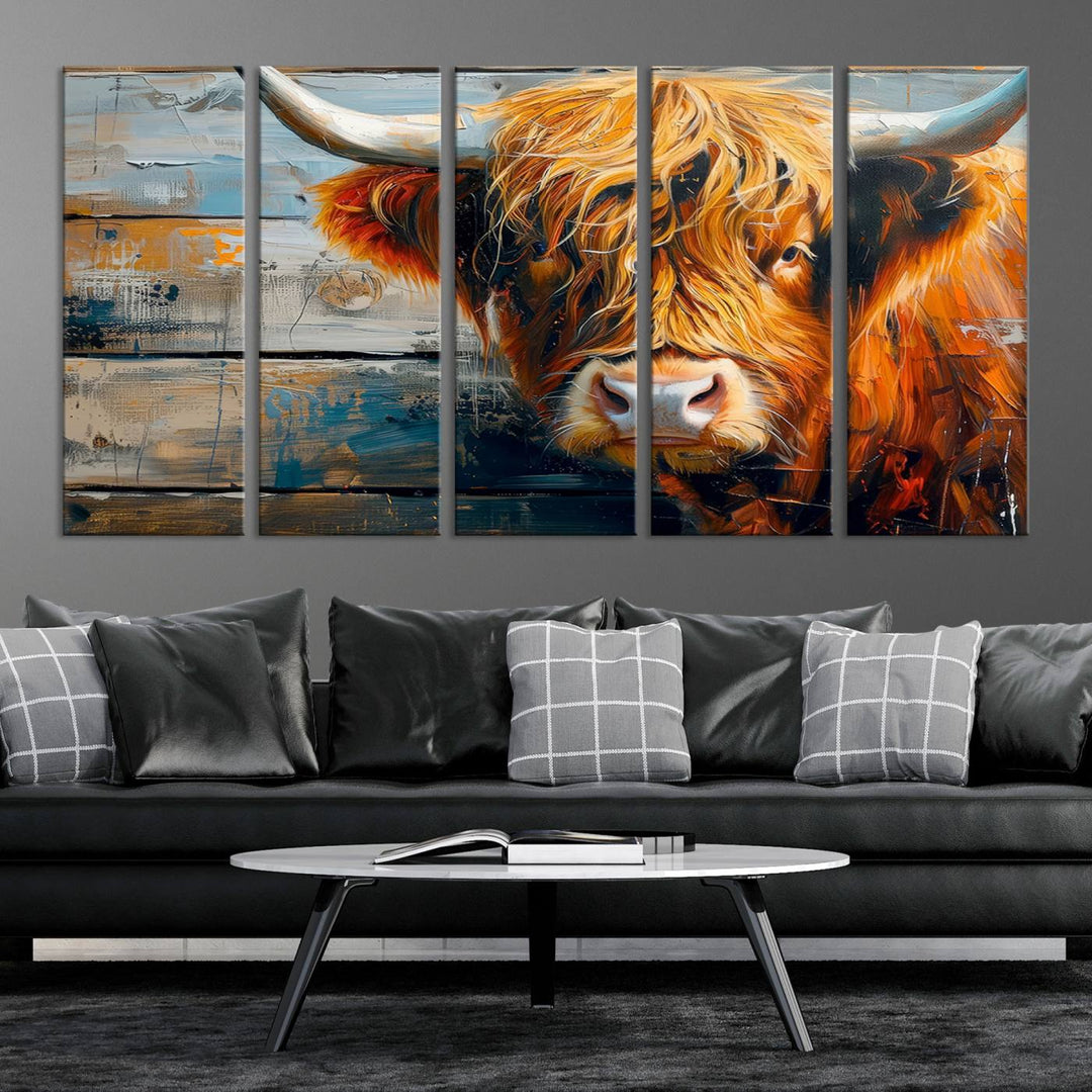 Cool Longhorn Cow on Old Wood Background Canvas Wall Art Print Framed and Shipped