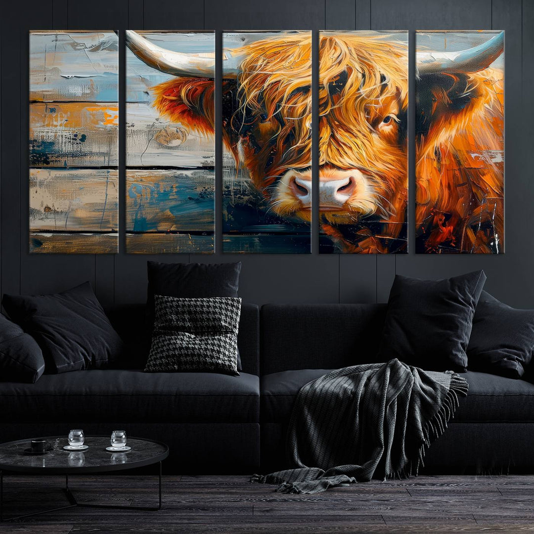 Cool Longhorn Cow on Old Wood Background Canvas Wall Art Print Framed and Shipped