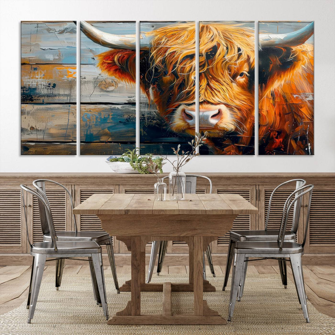 Cool Longhorn Cow on Old Wood Background Canvas Wall Art Print Framed and Shipped