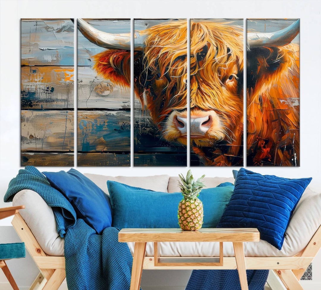 Cool Longhorn Cow on Old Wood Background Canvas Wall Art Print Framed and Shipped