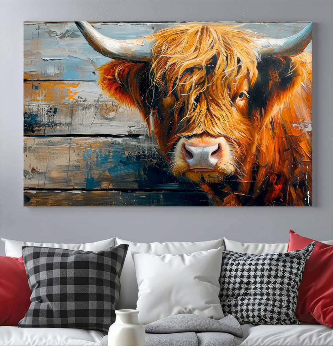 Cool Longhorn Cow on Old Wood Background Canvas Wall Art Print Framed and Shipped