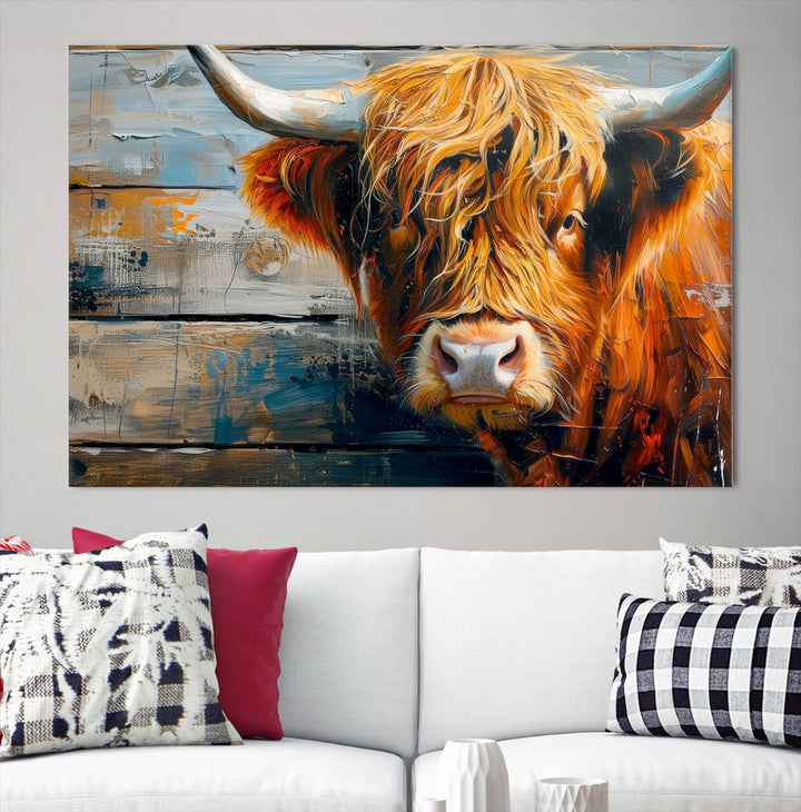 Cool Longhorn Cow on Old Wood Background Canvas Wall Art Print Framed and Shipped