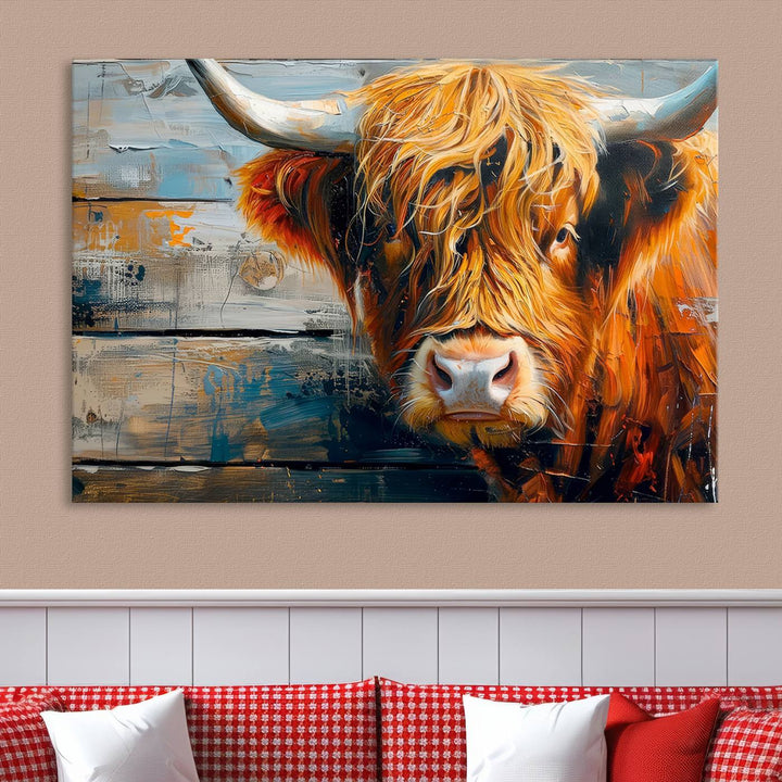 Cool Longhorn Cow on Old Wood Background Canvas Wall Art Print Framed and Shipped