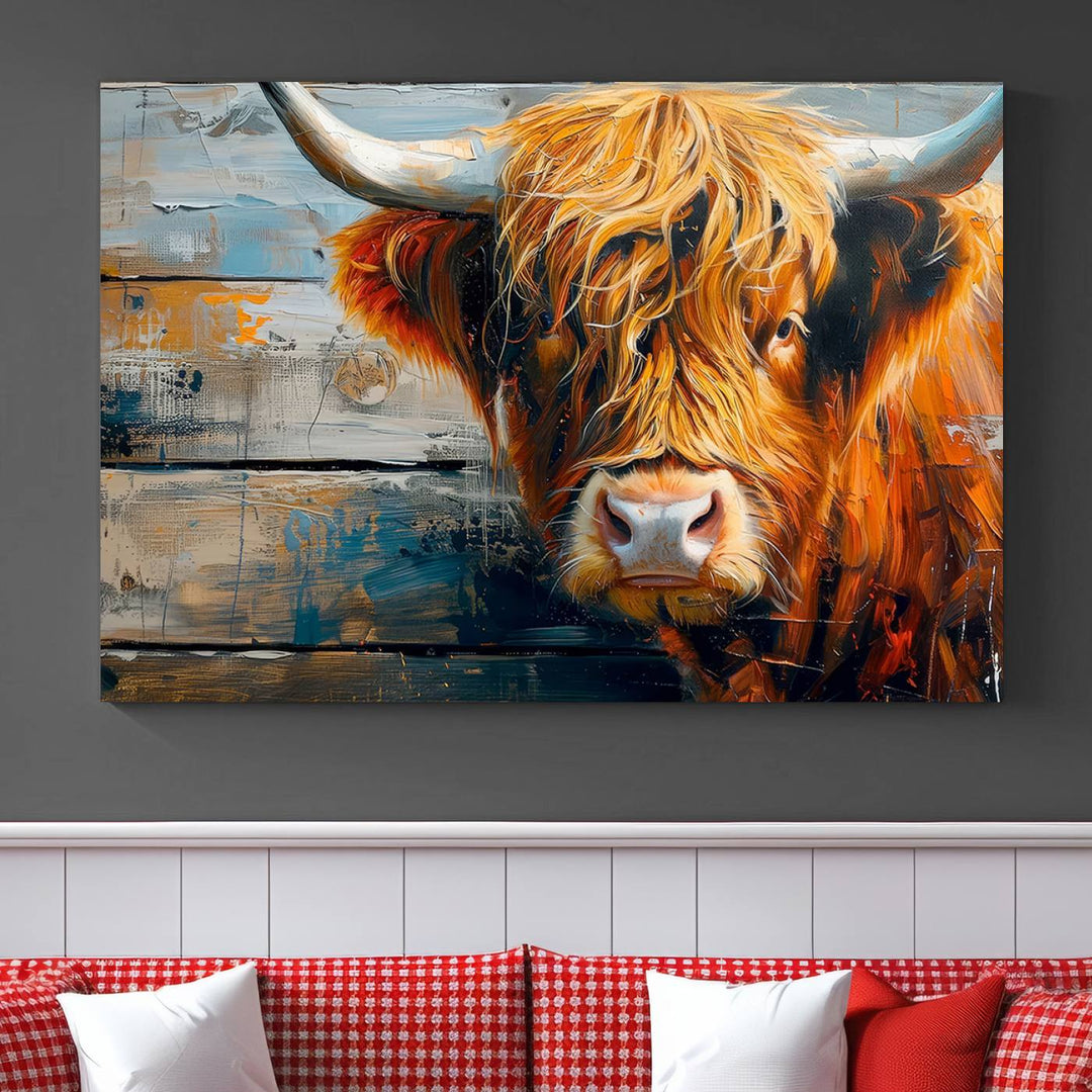 Cool Longhorn Cow on Old Wood Background Canvas Wall Art Print Framed and Shipped