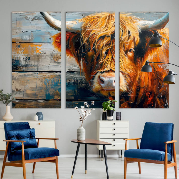 Cool Longhorn Cow on Old Wood Background Canvas Wall Art Print Framed and Shipped