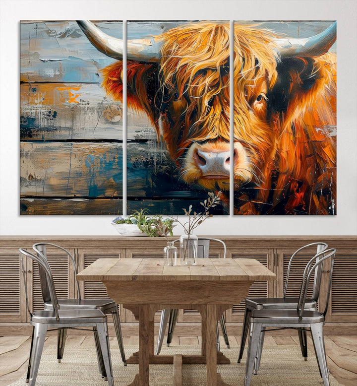 Cool Longhorn Cow on Old Wood Background Canvas Wall Art Print Framed and Shipped