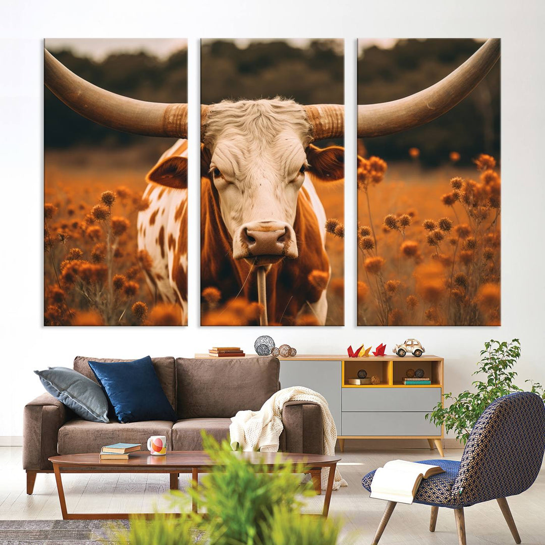 Cow Bighorn Wall Art Canvas Print, Longhorn Texas Large Cow Animal Canvas Print