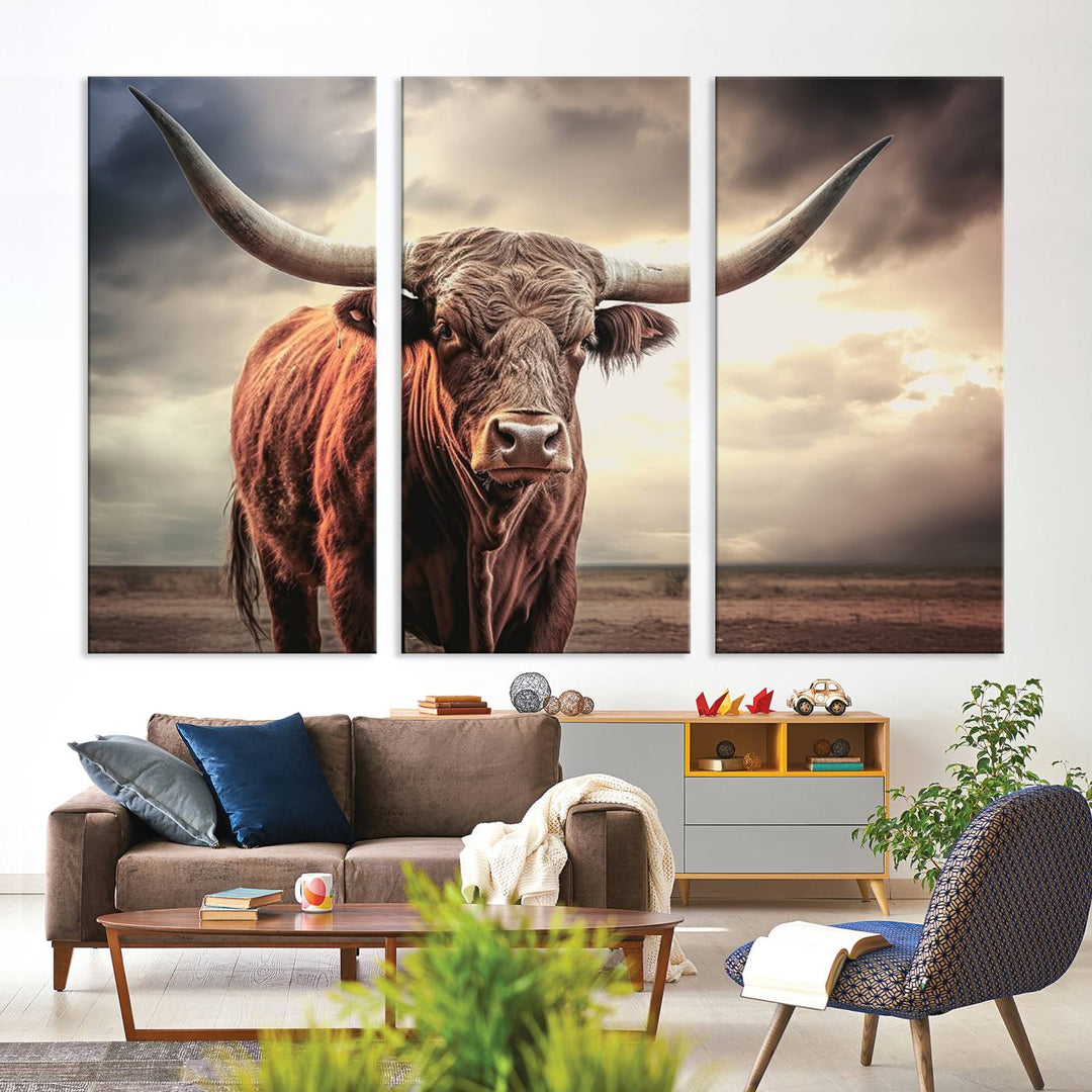 Cow Bighorn Wall Art Canvas Print, Longhorn Texas Large Cow Animal Canvas Print