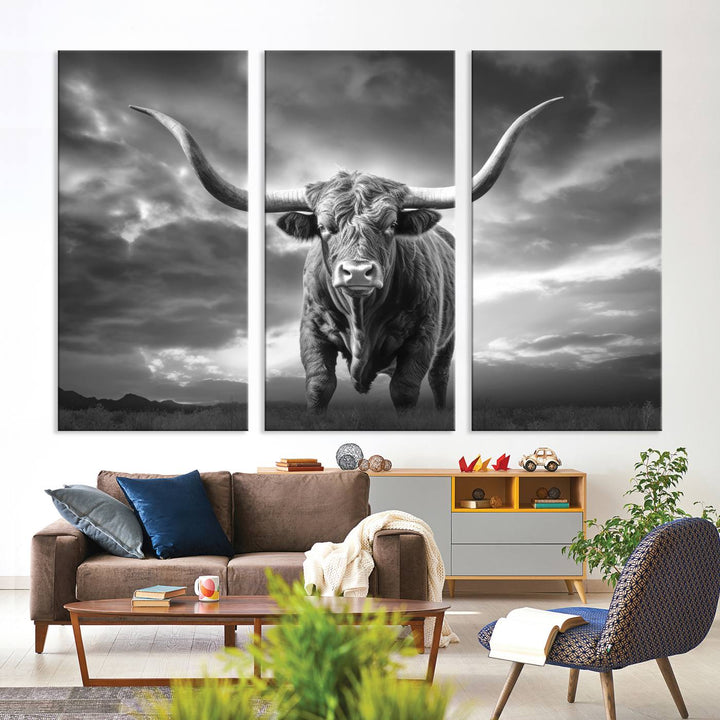 Cow Bighorn Wall Art Canvas Print, Longhorn Texas Large Cow Animal Canvas Print