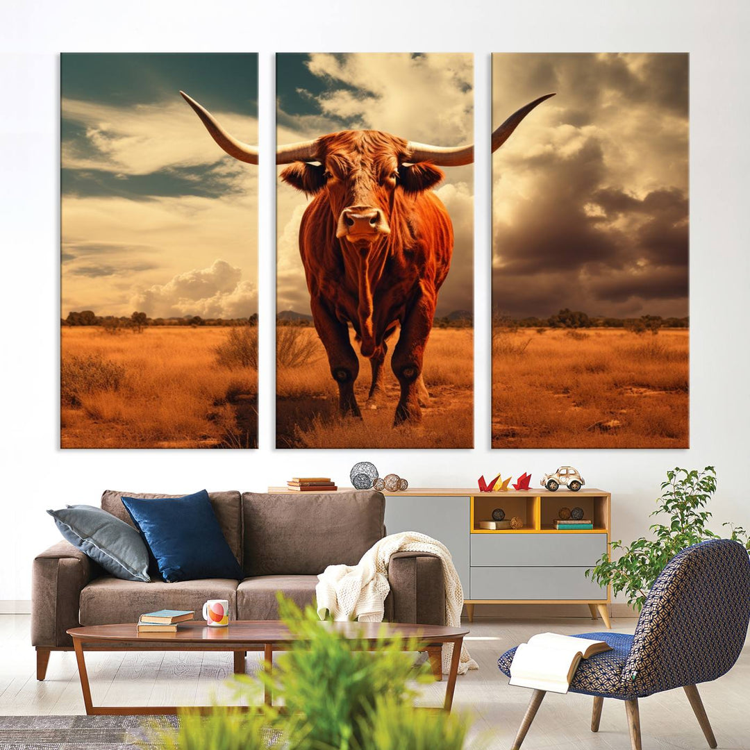 Cow Bighorn Wall Art Canvas Print, Longhorn Texas Large Cow Animal Canvas Print