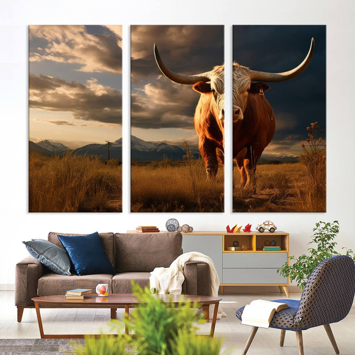 Cow Bighorn Wall Art Canvas Print, Longhorn Texas Large Cow Animal Canvas Print