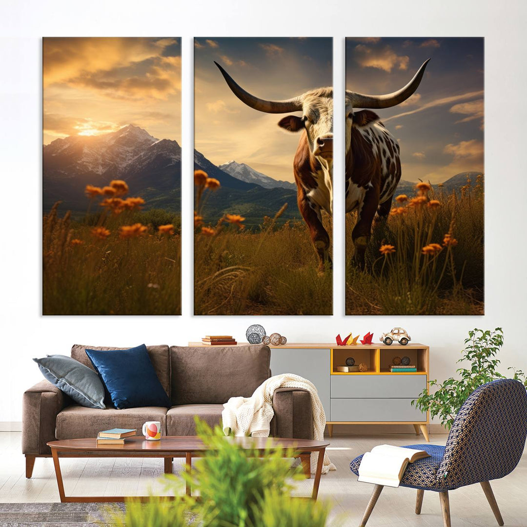 Cow Bighorn Wall Art Canvas Print, Longhorn Texas Large Cow Animal Canvas Print