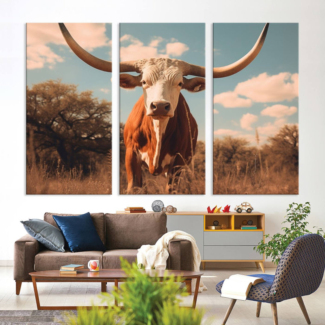 Cow Bighorn Wall Art Canvas Print, Longhorn Texas Large Cow Animal Canvas Print