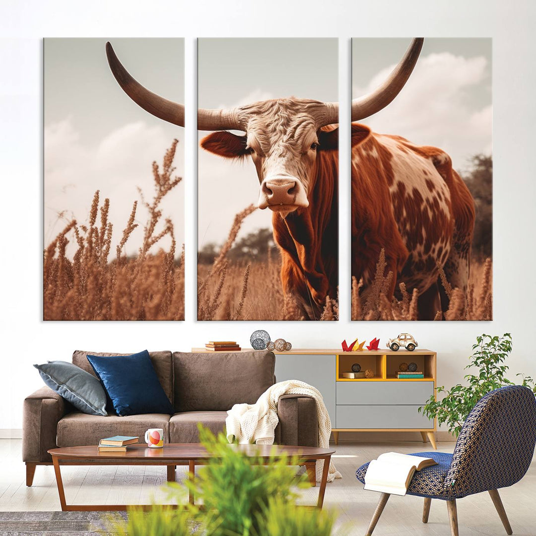 Cow Bighorn Wall Art Canvas Print, Longhorn Texas Large Cow Animal Canvas Print