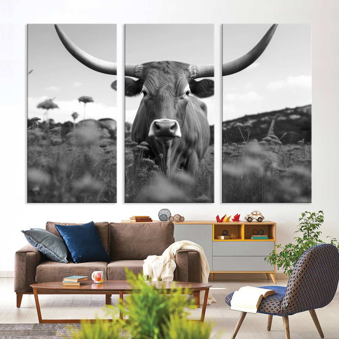 Cow Bighorn Wall Art Canvas Print, Longhorn Texas Large Cow Animal Canvas Print