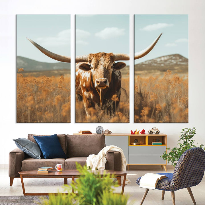 Cow Bighorn Wall Art Canvas Print, Longhorn Texas Large Cow Animal Canvas Print