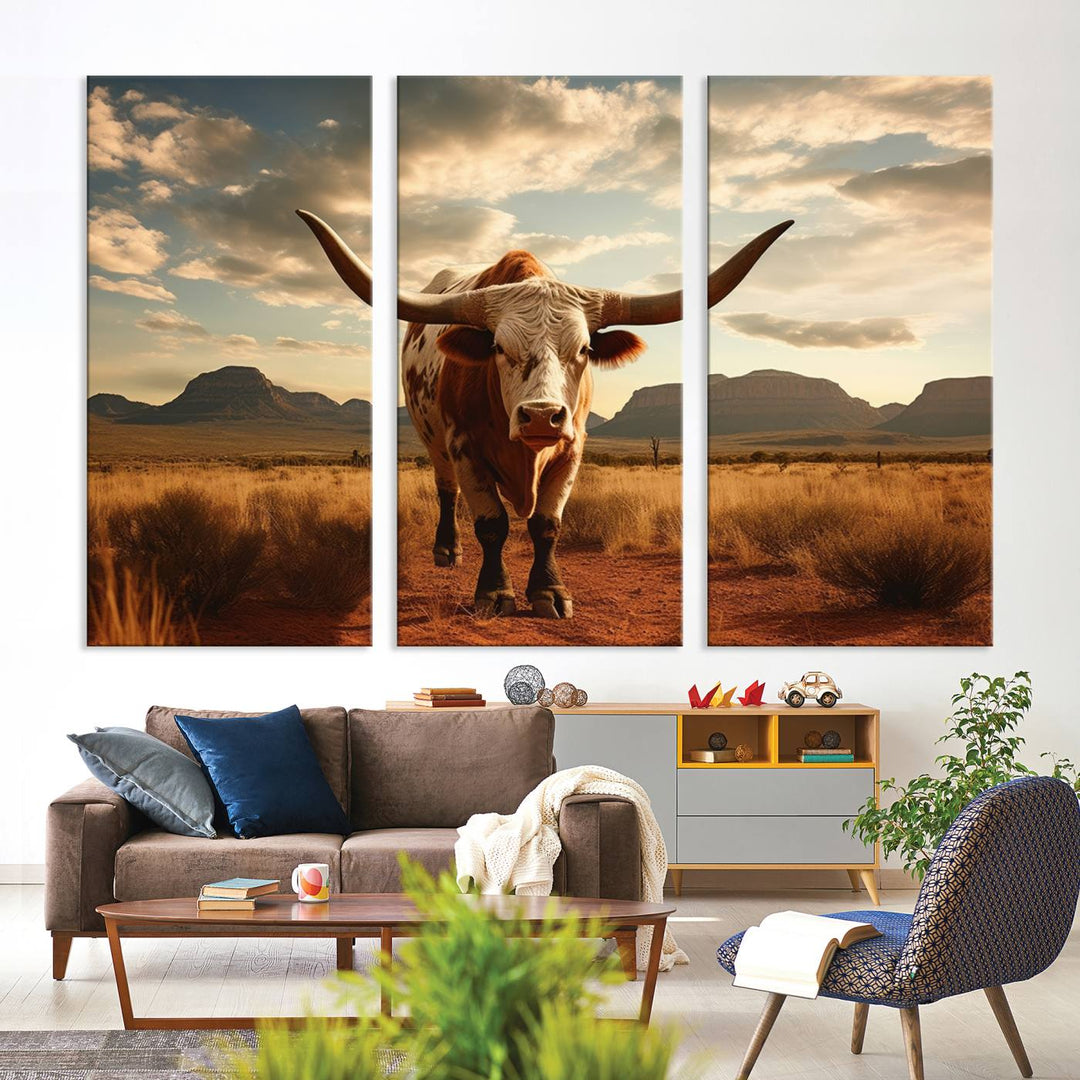 Cow Bighorn Wall Art Canvas Print, Longhorn Texas Large Cow Animal Canvas Print