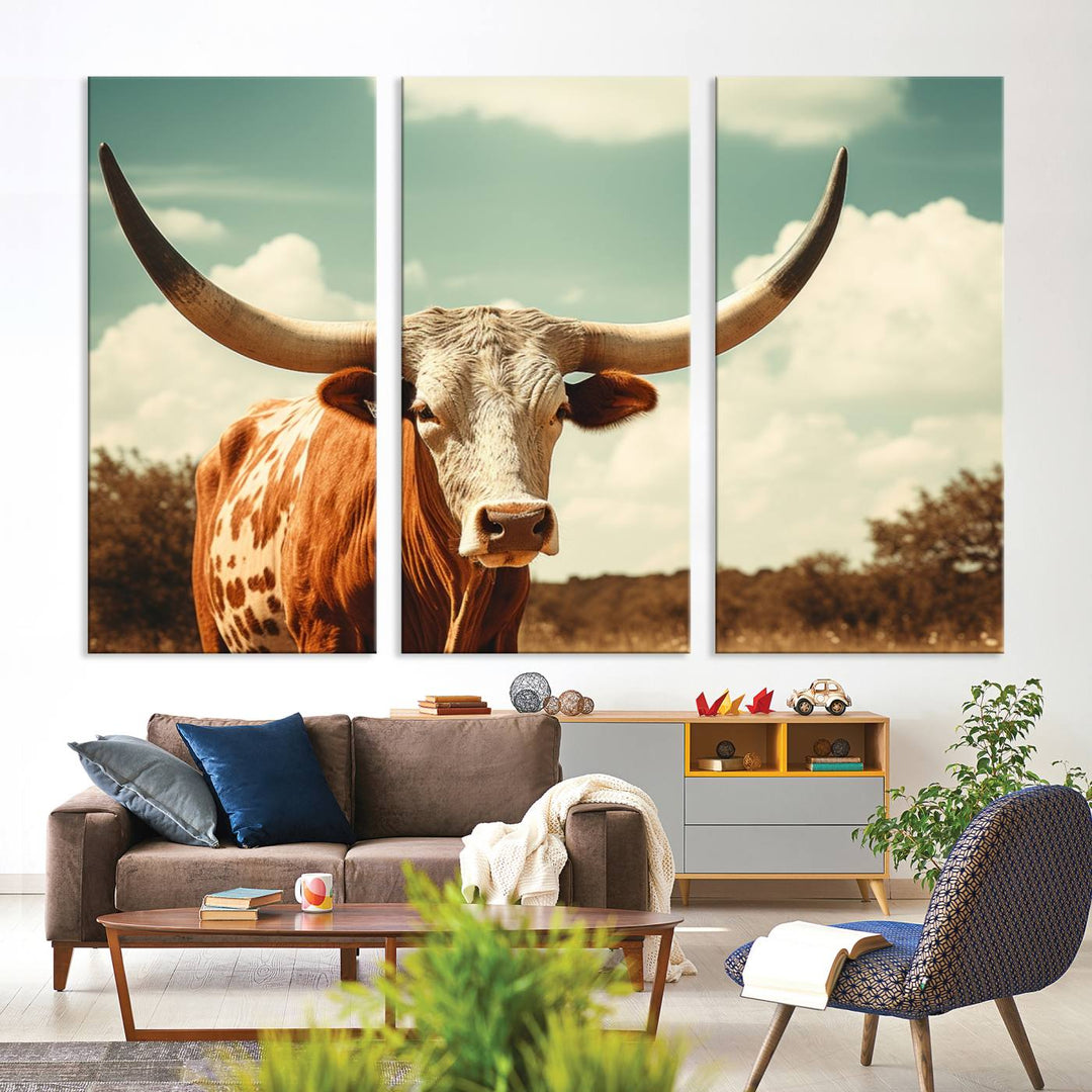 Cow Bighorn Wall Art Canvas Print, Longhorn Texas Large Cow Animal Canvas Print