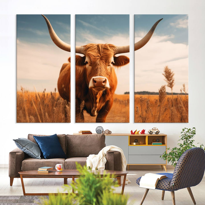 Cow Bighorn Wall Art Canvas Print, Longhorn Texas Large Cow Animal Canvas Print