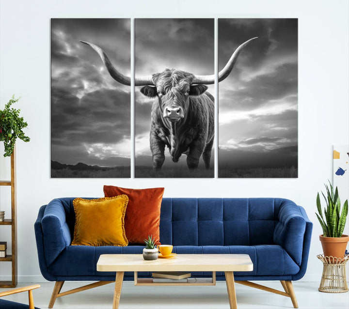 Cow Bighorn Wall Art Canvas Print, Longhorn Texas Large Cow Animal Canvas Print