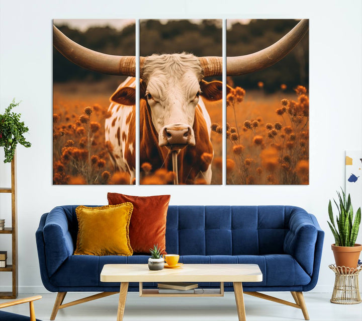 Cow Bighorn Wall Art Canvas Print, Longhorn Texas Large Cow Animal Canvas Print