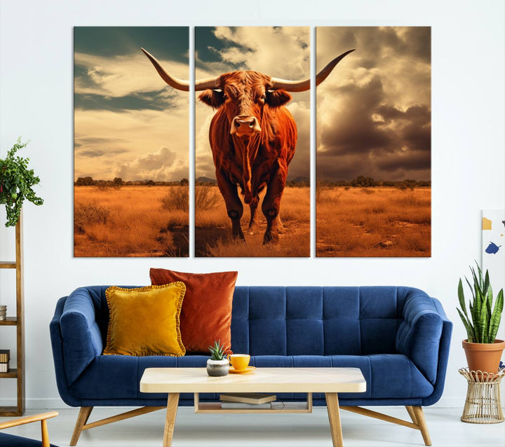 Cow Bighorn Wall Art Canvas Print, Longhorn Texas Large Cow Animal Canvas Print