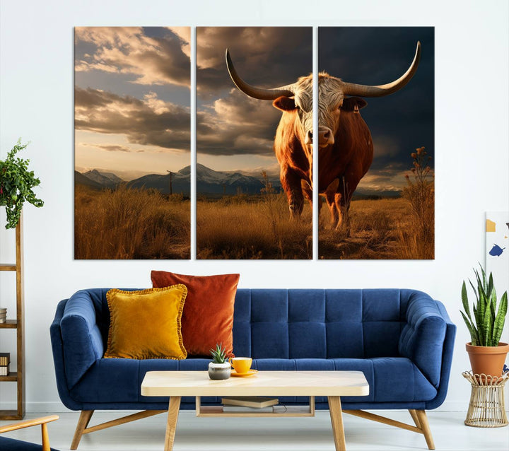 Cow Bighorn Wall Art Canvas Print, Longhorn Texas Large Cow Animal Canvas Print