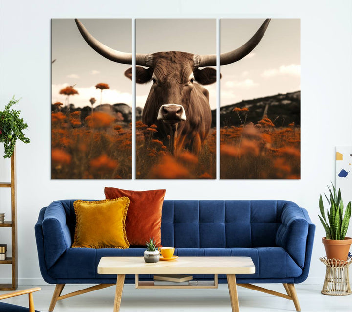 Cow Bighorn Wall Art Canvas Print, Longhorn Texas Large Cow Animal Canvas Print