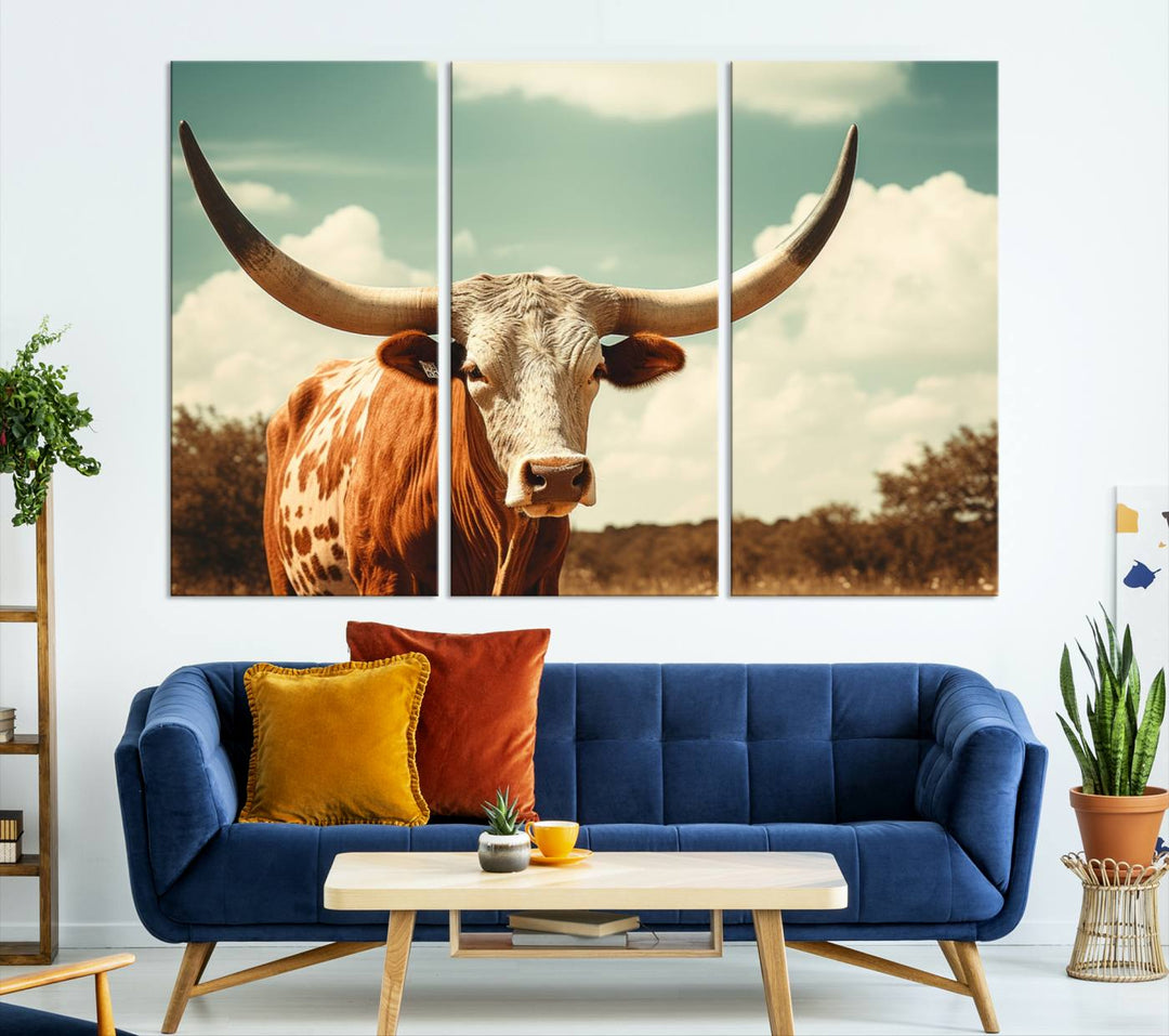 Cow Bighorn Wall Art Canvas Print, Longhorn Texas Large Cow Animal Canvas Print