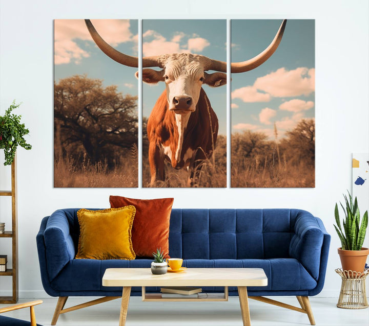 Cow Bighorn Wall Art Canvas Print, Longhorn Texas Large Cow Animal Canvas Print