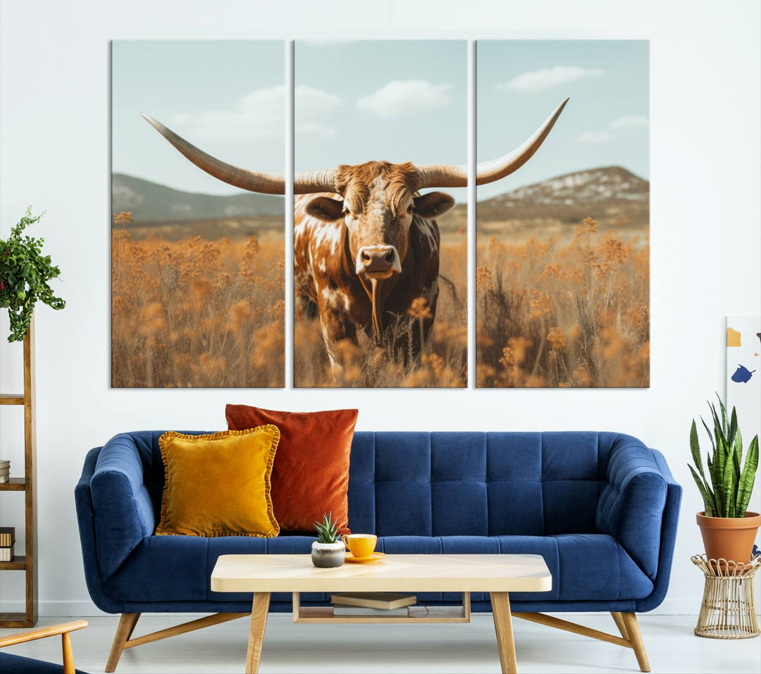 Cow Bighorn Wall Art Canvas Print, Longhorn Texas Large Cow Animal Canvas Print