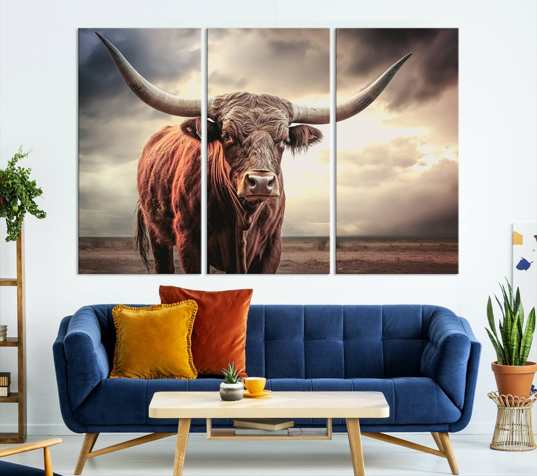 Cow Bighorn Wall Art Canvas Print, Longhorn Texas Large Cow Animal Canvas Print