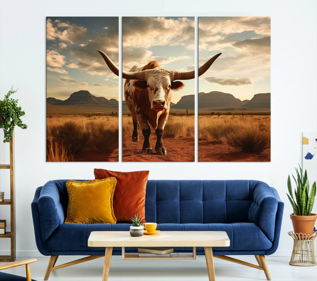 Cow Bighorn Wall Art Canvas Print, Longhorn Texas Large Cow Animal Canvas Print