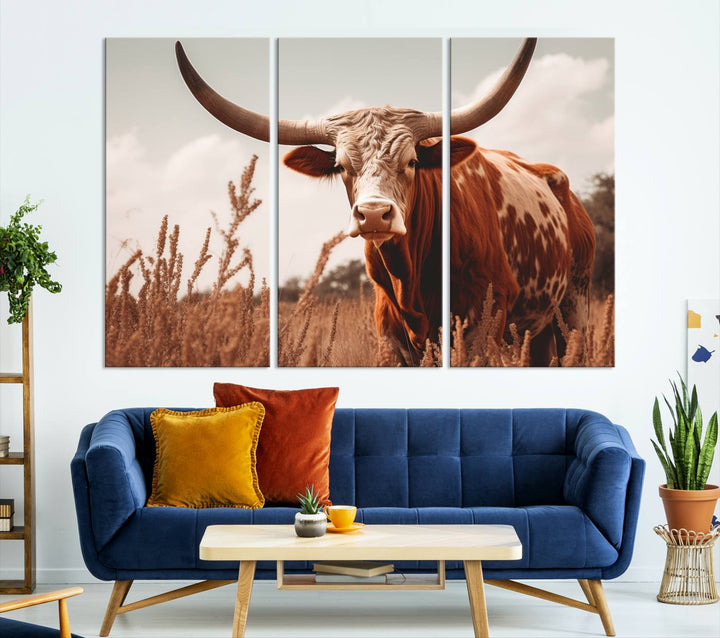 Cow Bighorn Wall Art Canvas Print, Longhorn Texas Large Cow Animal Canvas Print