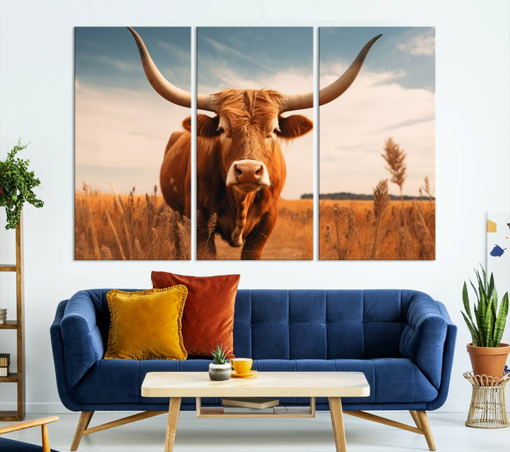 Cow Bighorn Wall Art Canvas Print, Longhorn Texas Large Cow Animal Canvas Print